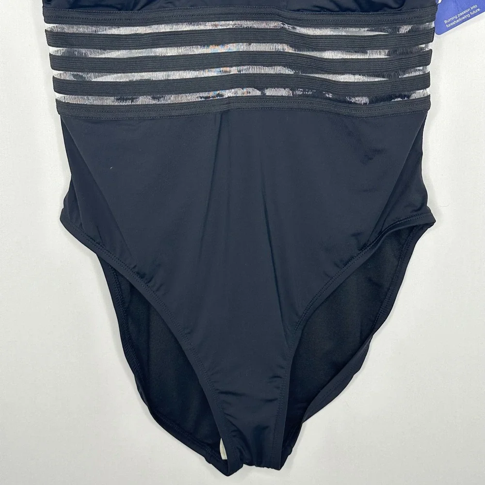 NWT Hilor Strappy Mesh Halter Cross Back One Piece Swimsuit L Black Sexy Minimal